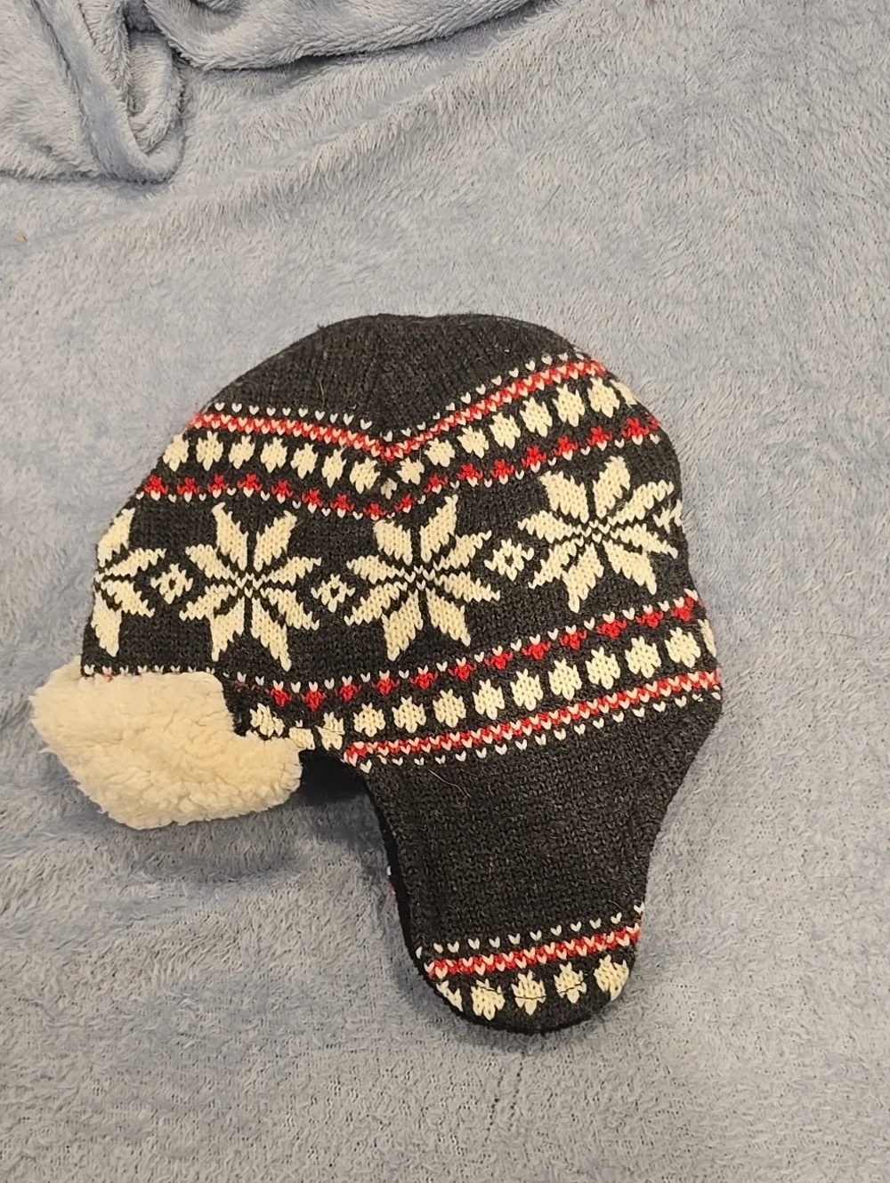 ❤️10/$20 Knitted Nordic Earflap Winter Hat — Charcoal, White & Red